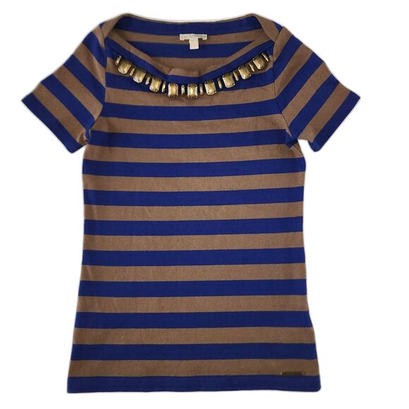 NWOT Burberry Brit Brown & Blue Striped Short Sleeve Knit Top Sz S - Picture 1 of 8